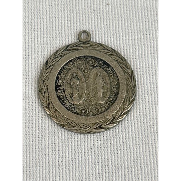 Vintage Religious Medallion Pendant Dual Saints Silver Tone - Picture 1 of 5